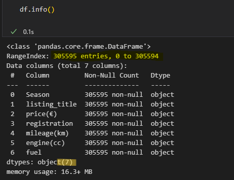 Jupyter notebook — dataset info showing 305,535 rows before cleaning